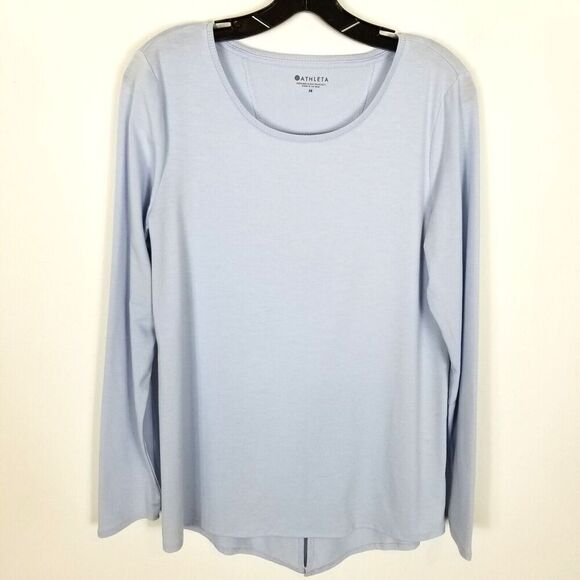 Athleta Essence Semi Fit Long Sleeve Top Sz M  Blue Slit Back Casual Athletic - Picture 1 of 6